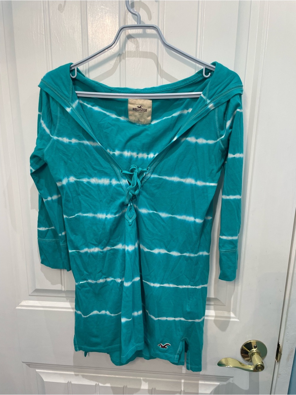 Hollister Women's Teal Tie-Dye lace up hoodie longsleeve